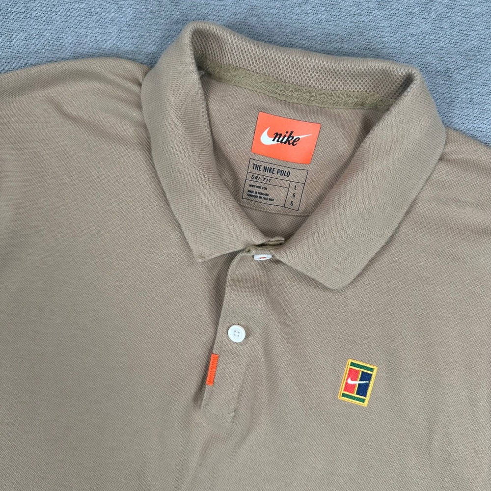Nike Men’s Polo Shirt Tan with Multicolor Logo